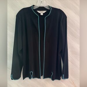 Ming Wang Women’s 0X  Black/Aqua Blue Trim Long Sleeve Cardigan Jacket Office